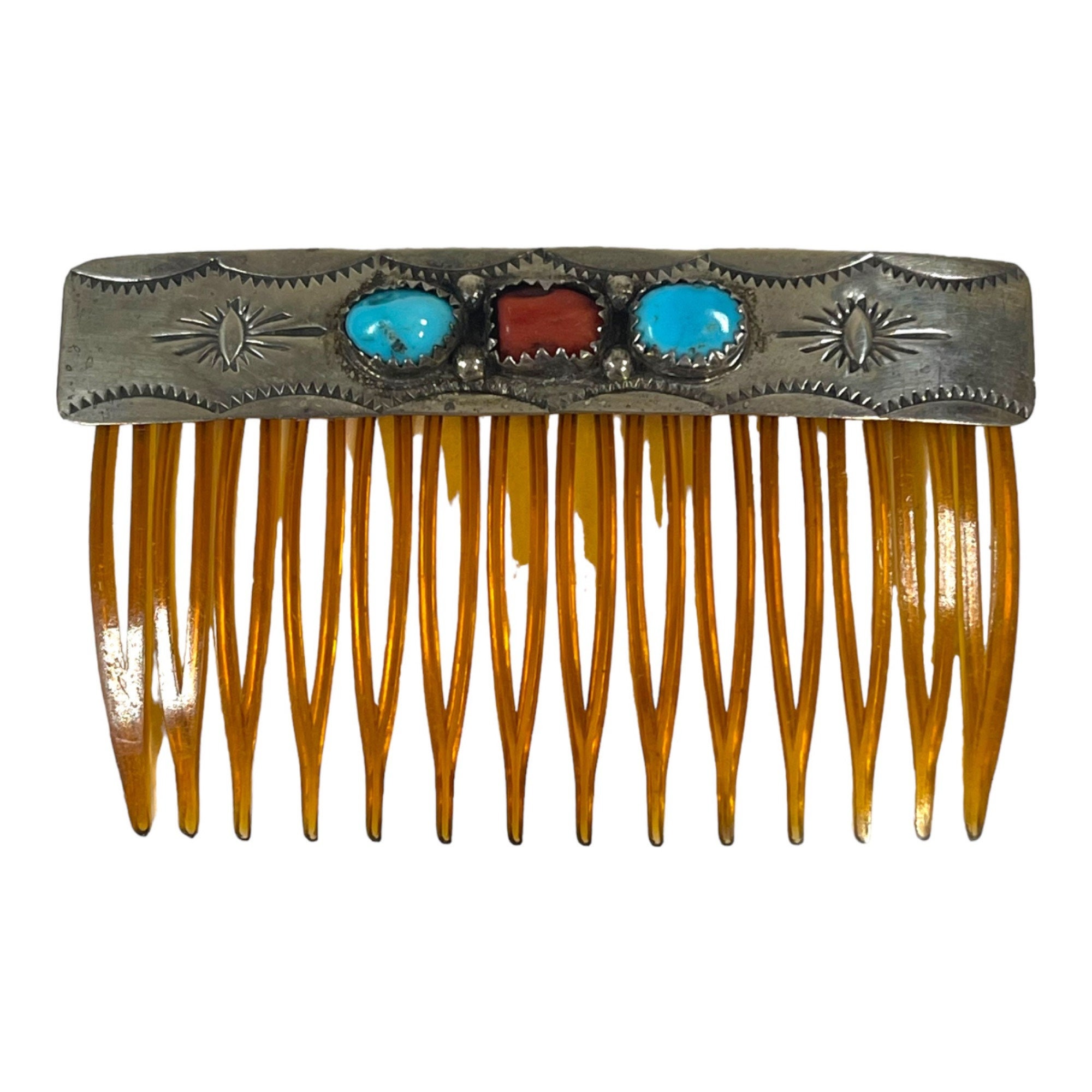 Vintage Navajo Sterling Feather Hair Combs Turquoise + Coral 