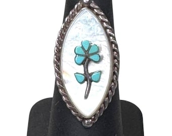 Zuni Signed RL Turquoise Inlay Flower Sterling Silver Navajo Statement Ring Sz 6