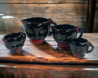 Shafford Japan Black Cat RED bow Measuring Cups Set Redware Vintage Goth Kitchen Decor, Retro Kitchen Accessories