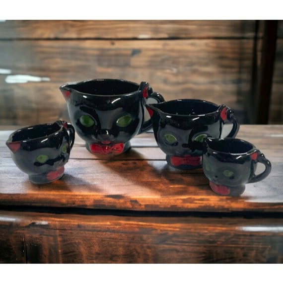 Shafford Japan Black Cat RED Bow Measuring Cups Set Redware