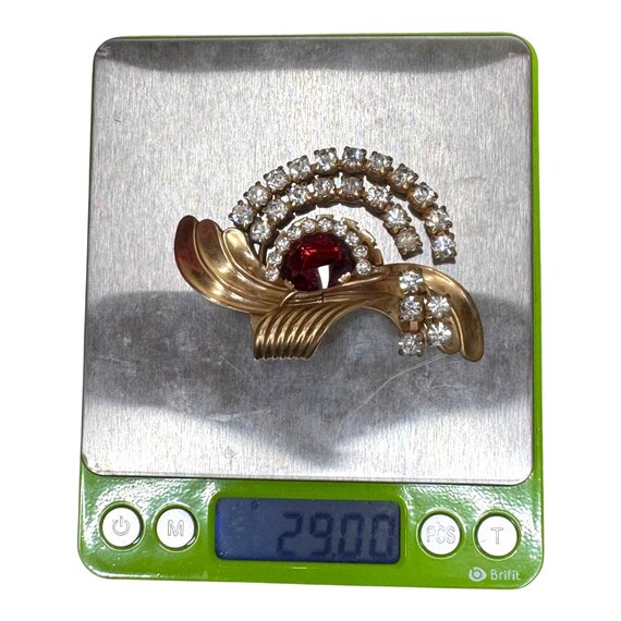 Broche Ancienne Art Déco - Plaqué Or Avec Strass Rouge Comète Et Nœud - Occasion