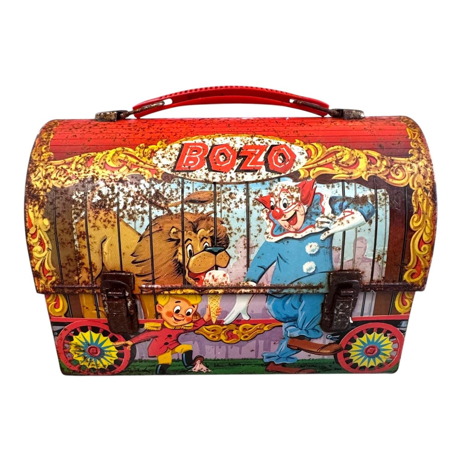 ROCKIN' CREW UNICORN 1988 プレート Vintage 1950s Bozo the Clown Metal Lunchbox Circus Theme Graphics
