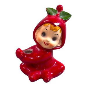 Vintage Japan Red Ceramic Figurine Apple Themed Pixie Elf Child Sitting 3” READ