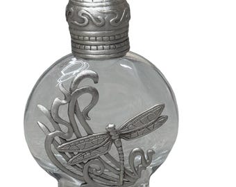 Frasco de perfume vintage de vidrio de peltre transparente JJ Jonette con forma de libélula para tocador de primavera