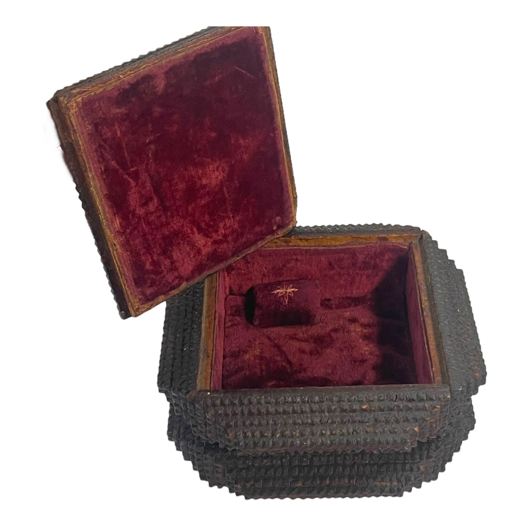 Antique C1900 Tramp Art Box W/ Pincushion Velvet Flip Top