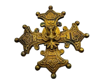 Broche grecque orthodoxe antique en laiton, croix, motif croissant, motif aigle - 2,5 pouces