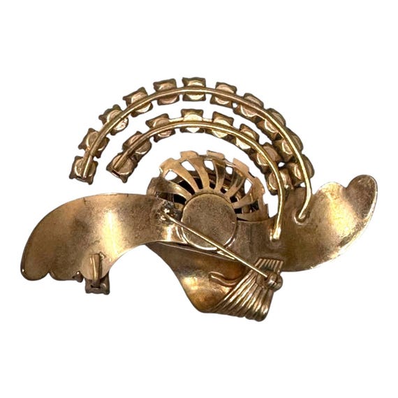 Broche Ancienne Art Déco - Plaqué Or Avec Strass Rouge Comète Et Nœud - Occasion