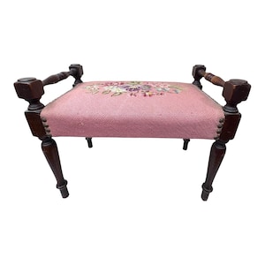 Antique Mahogany Floral Needlepoint Piano Bench Wood Upholstered Footstool 17x9
