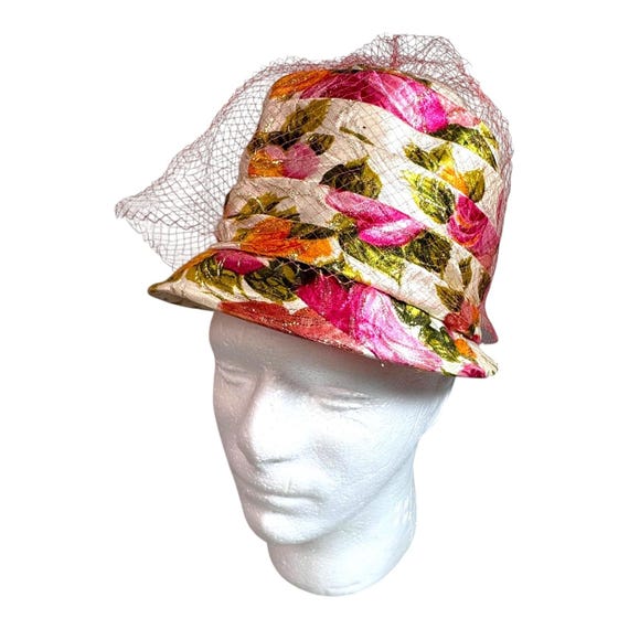 Womens Floral Mesh Church Hat 1950s Lace Veil Pink Orange  display picture 2