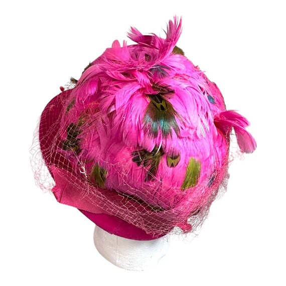 Vintage Pink Feathered Hat Netting & Green Accents for Women  display picture 2