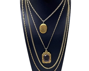 Vintage 1950 GOLDETTE Locket Golden Rhinestone Pendant Necklace Gold Tone Chains
