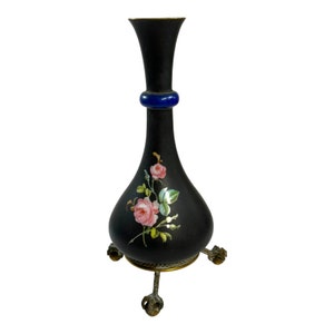 Rosenthal Black Victorian Vintage Floral Vase On Brass Pedestal Stand RARE READ