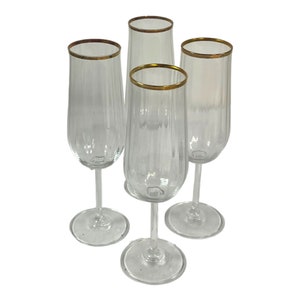 4 Vtg Champagne Flutes Crystal Lead Germany Gold Rimmed Elegant Wedding Stemware