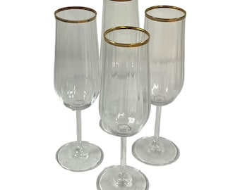 4 flûtes à champagne VTG Cristal au plomb Allemagne Verres à pied de mariage élégants cerclés d&#39;or