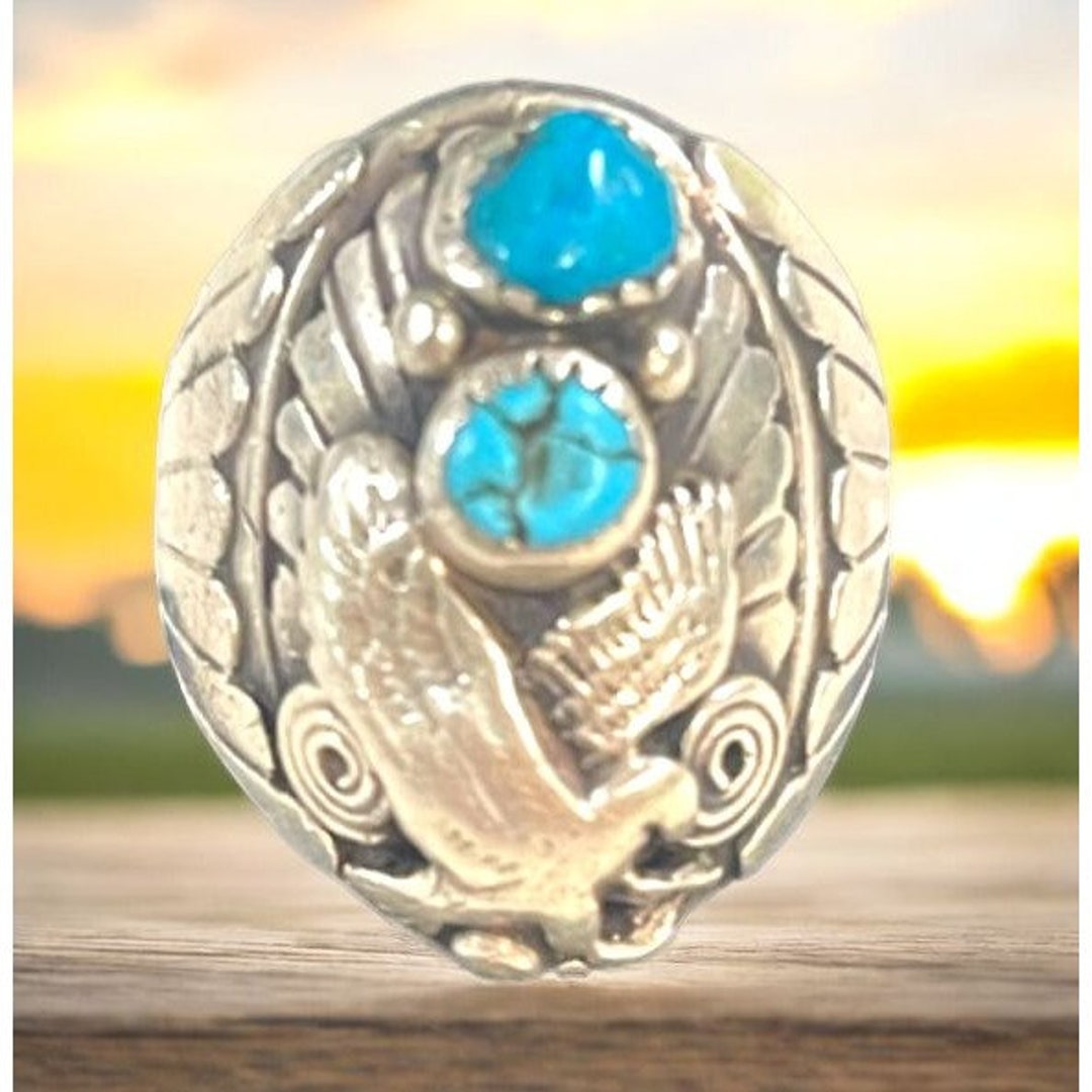 Vintage Sterling Silver Ring Navajo Turquoise Stones & Eagle Size 9 ...