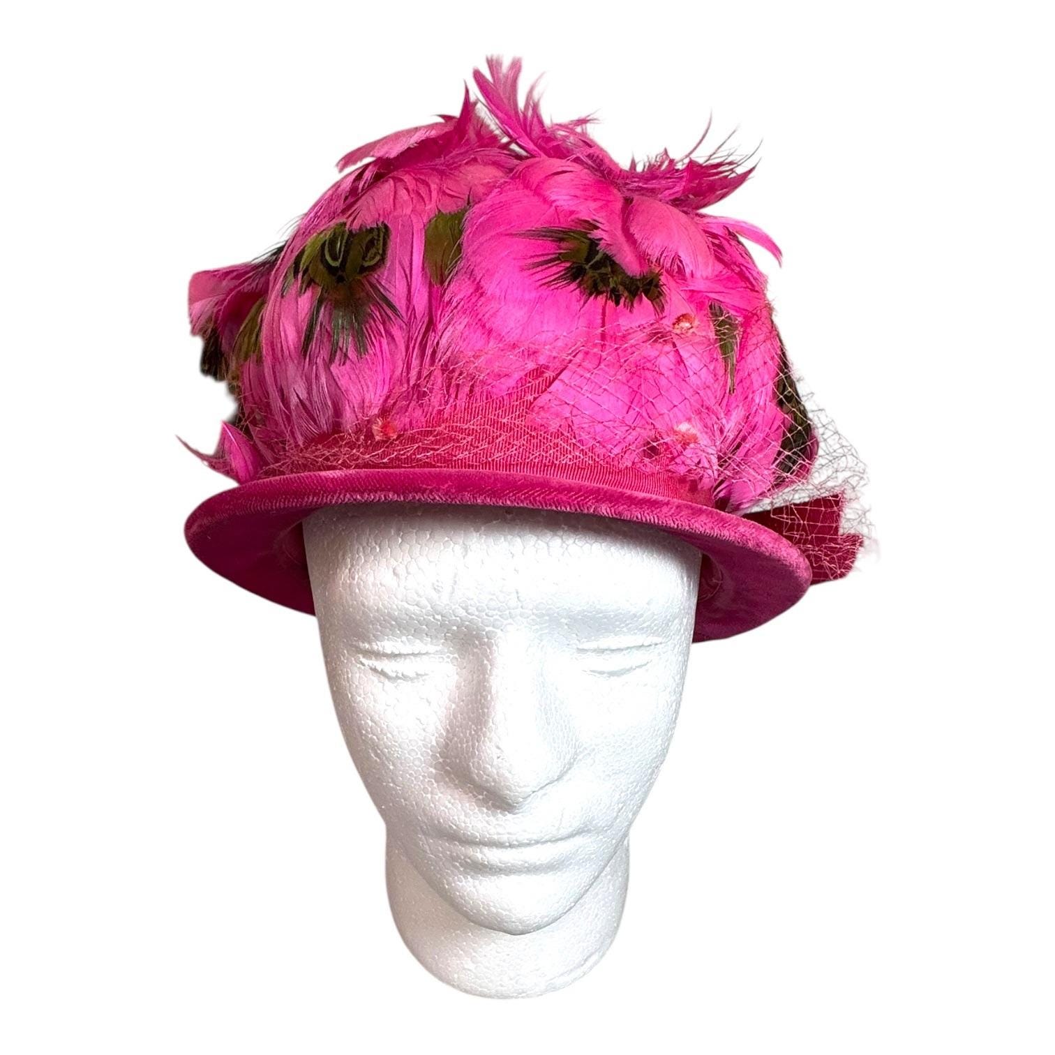 Vintage Pink Feathered Hat Netting & Green Accents for Women 