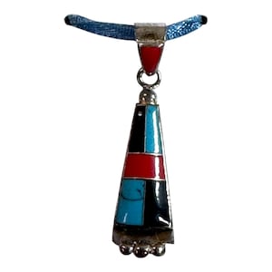 Vintage Zuni Inlaid Sterling Silver NG Multicolor Pendant Turquoise Onyx Coral