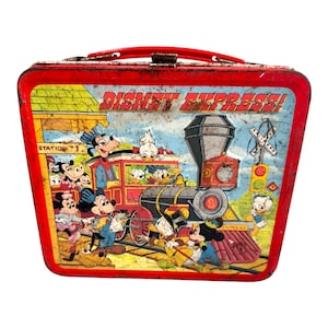 Vintage Disney Express Metal Lunchbox Train Theme Mickey Mouse Distress Red READ