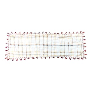 Handwoven Table Runner Linen Plaid Centerpiece Fringe Edges 11x35&quot; Vintage White