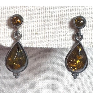 Vintage Sterling Silver Amber Drop Earrings MCM Modern Dangle Teardrop 925 Retro