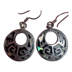 Mexican Earrings Taxco Sterling Abalone Inlay Hoops Round Aztec Geometric Signed