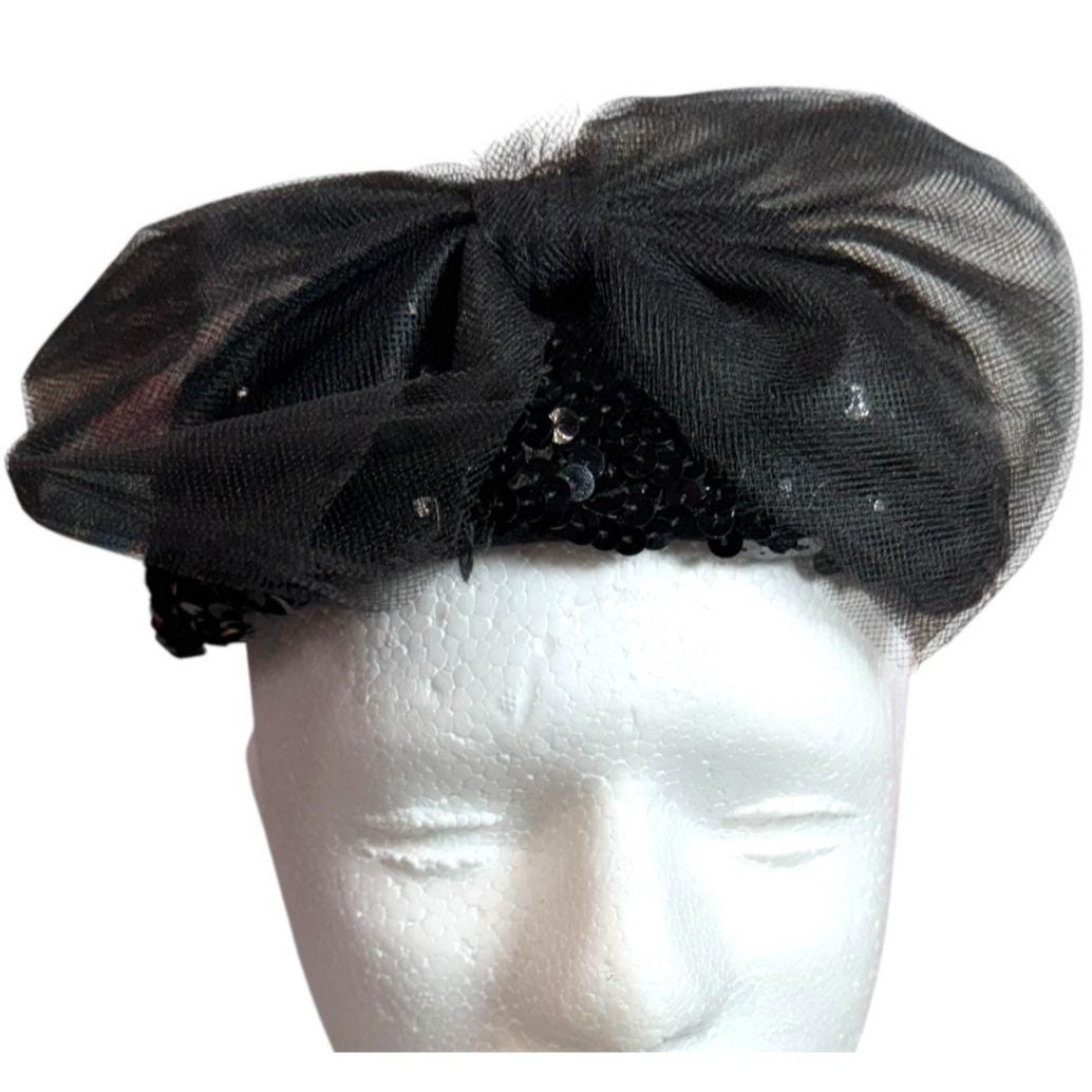 Vintage 1950s Black Sequin Pillbox Hat W/ Sheer Bow & Hair  display picture 1