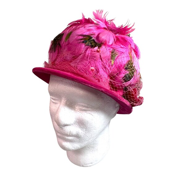 Vintage Pink Feathered Hat Netting & Green Accents for Women  display picture 3