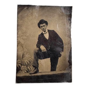 Antique 19th Century Tintype Photograph Of Dapper Young Gentleman Hat & Bow Tie
