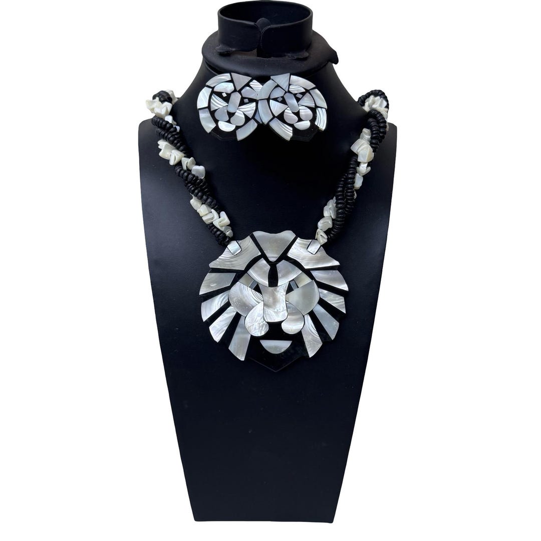 Lion Shell Inlay Vt Lee Sands Shell Inlay Gemstone Lion Statement Necklace Earring Set ...