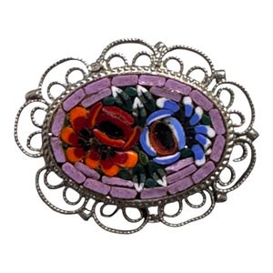Vintage Italian Micro Mosaic Brooch Floral Design Oval Shape Silver Filigree 1&quot;
