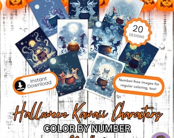 May include: A collection of 20 Halloween-themed color-by-number printable sheets featuring various creatures like dragons, ghosts, and monsters interacting with cauldrons under full moons. The set includes text labels for instant download.