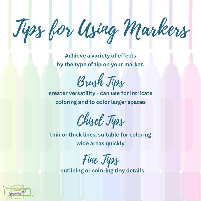 May include: Tips for using markers with different tip types: brush tips for intricate coloring and larger spaces, chisel tips for thin or thick lines, and fine tips for outlining or coloring tiny details.