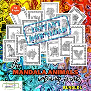 Mandala Animals Coloring Bundle 1 - Reduce Stress and Anxiety Mindful Meditation - 52 Illustrations - INSTANT DOWNLOAD - Personal Use