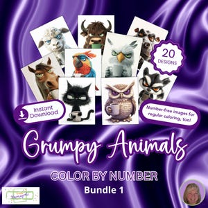 May include: A collection of 20 printable coloring pages featuring grumpy animals holding mugs. The text reads Grumpy Animals, COLOR BY NUMBER, Bundle 1, 20 DESIGNS, Instant Download, and Number-free images for regular coloring, too!