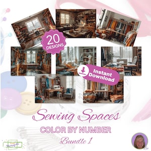 縫製スペースバンドル1 - 番号で色を塗る - 即時ダウンロード - 個人使用 - ワークショップの縫製室ミシンステッチ裾の縫い目ダーンタック仮縫い