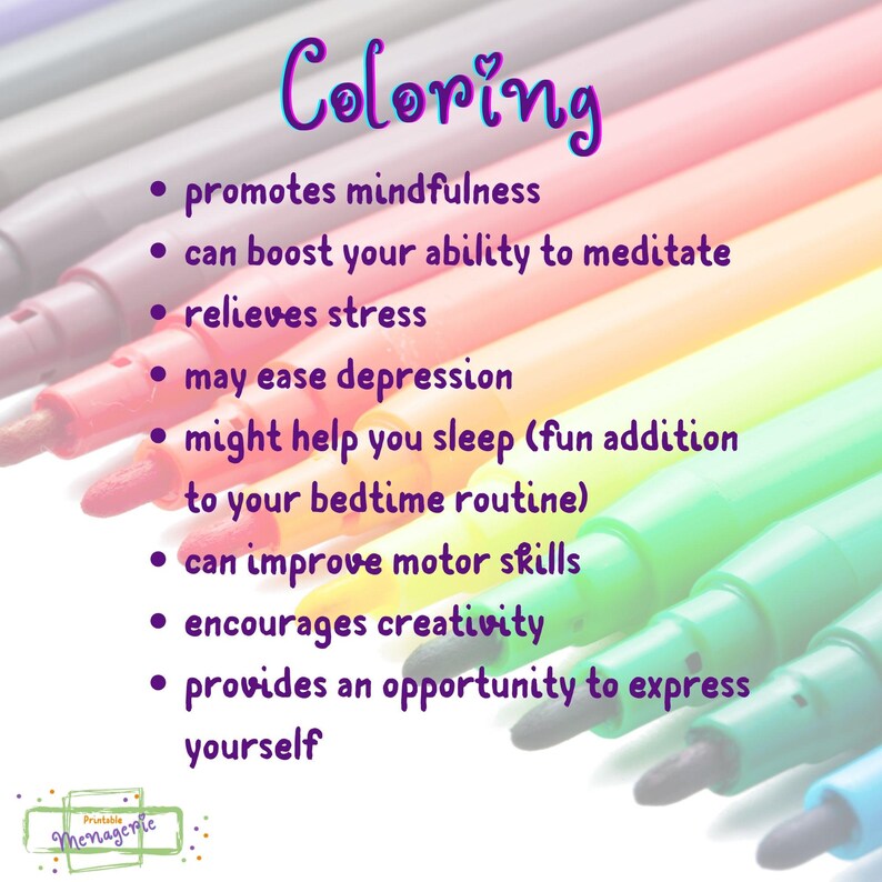 K&ouml;nnte beinhalten: Ein farbenfrohes Bild mit dem Wort "Coloring" in lila Schrift mit einem rosa Herz dar&uuml;ber. Das Bild listet die Vorteile des Ausmalens auf, darunter die F&ouml;rderung von Achtsamkeit, die Steigerung der F&auml;higkeit zur Meditation, die Linderung von Stress, die Linderung von Depressionen, die Hilfe beim Einschlafen, die Verbesserung der motorischen F&auml;higkeiten, die F&ouml;rderung von Kreativit&auml;t und die M&ouml;glichkeit, sich auszudr&uuml;cken.