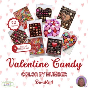 Puede incluir: Una colección de cajas de caramelos de San Valentín en varias formas y colores, incluyendo cajas en forma de corazón y cuadradas. La imagen presenta el texto "Valentine Candy" y "Color by Number Bundle 1."
