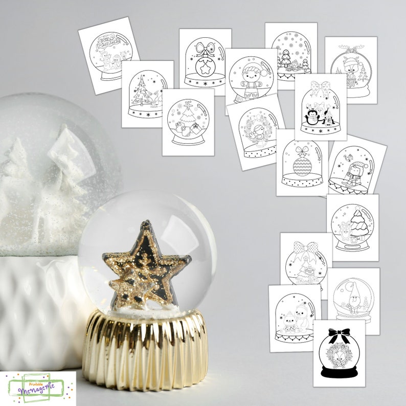 K&ouml;nnte beinhalten: Ein Set mit 14 druckbaren Malvorlagen mit Schneekugeln zu verschiedenen Winterfest-Themen. Jede Seite enth&auml;lt eine Schneekugel mit einem anderen Design, wie z. B. einen Schneemann, einen Pinguin, einen Weihnachtsbaum und ein Rentier. Die Seiten sind perfekt f&uuml;r Kinder zum Ausmalen und um die festliche Zeit zu genie&szlig;en.