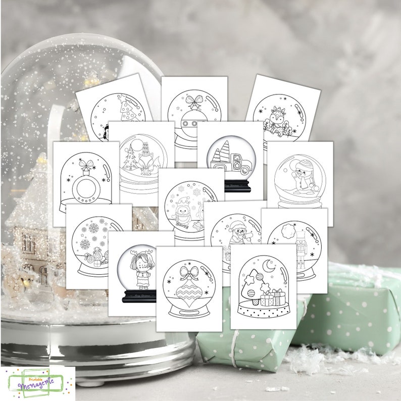 K&ouml;nnte beinhalten: Ein Satz von 12 druckbaren Malvorlagen mit Schneekugeln mit verschiedenen Winterfest-Motiven. Jede Seite enth&auml;lt eine Schneekugel mit einem anderen Design, wie z. B. einen Schneemann, einen Weihnachtsbaum und einen Pinguin.