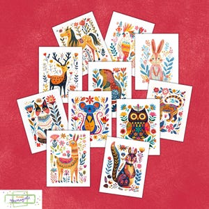May include: Ten colorful illustrated cards featuring various animals, including a deer, owl, llama, cat, squirrel, mouse, and more. Each card has a white background with a colorful floral border and a unique animal illustration.