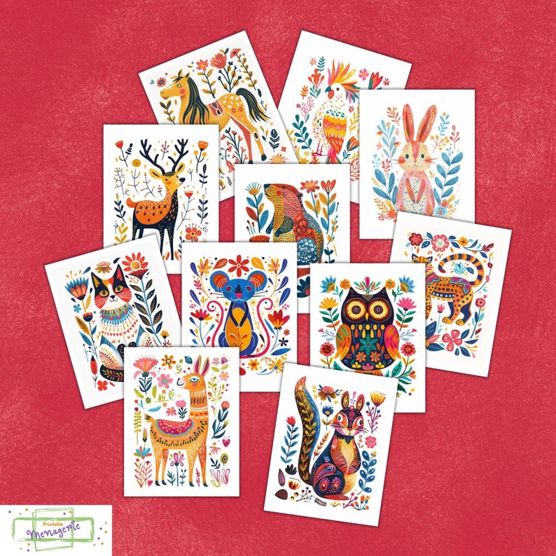 May include: Ten colorful illustrated cards featuring various animals, including a deer, owl, llama, cat, squirrel, mouse, and more. Each card has a white background with a colorful floral border and a unique animal illustration.