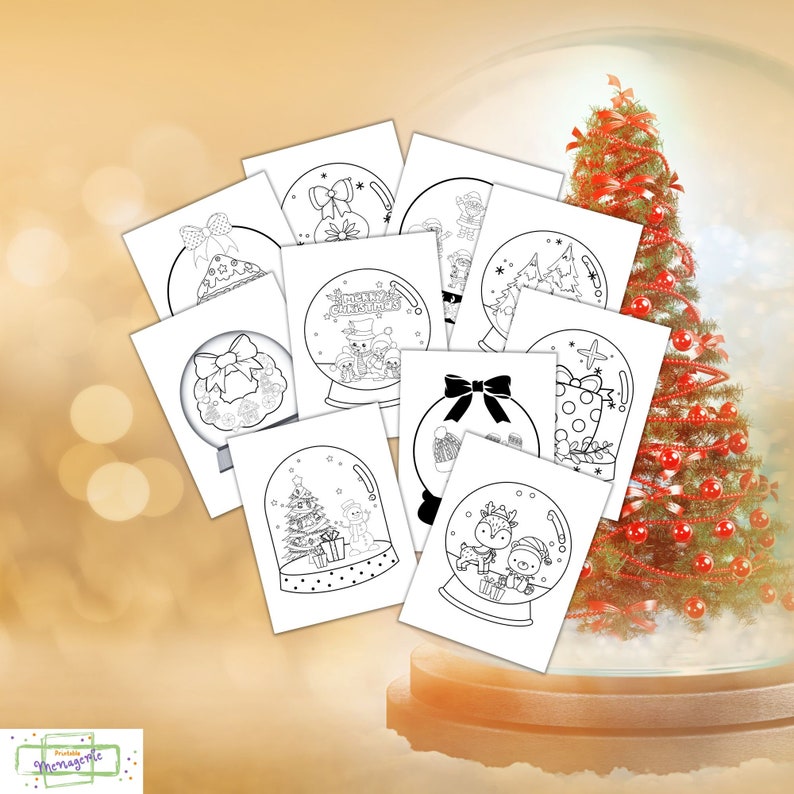 K&ouml;nnte beinhalten: Ein Satz von zehn druckbaren Malvorlagen mit Schwarzwei&szlig;illustrationen von Schneekugeln mit verschiedenen Weihnachtsthemen. Die Schneekugeln enthalten einen Schneemann, einen Weihnachtsbaum, ein Rentier, einen Pinguin und ein Geschenk.