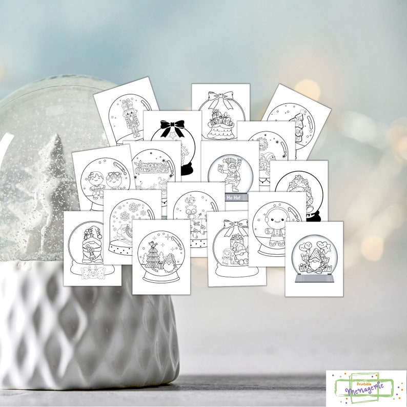 K&ouml;nnte beinhalten: Ein Set mit 15 Schwarzwei&szlig;-Malvorlagen zum Ausdrucken mit Schneekugeln zu verschiedenen Weihnachtsmotiven. Die Schneekugeln zeigen Szenen wie den Weihnachtsmann, einen Schneemann, einen Weihnachtsbaum und ein Rentier.