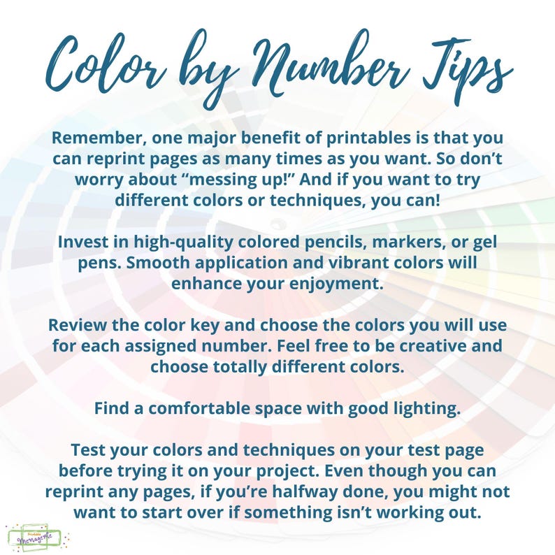 May include: Color by Number Tips: A colorful image with tips for coloring by number. The image features a rainbow of colors and the text "Color by Number Tips" in a white box.