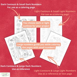 May include: Four black and white coloring pages featuring a stylized illustration of a dog with floral details. The pages are labeled with the text "Dark Contours & Small Dark Numbers", "Light Contours & Small Light Numbers", "Dark Contours & Large Dark Numbers", and "Light Contours & Large Light Numbers".