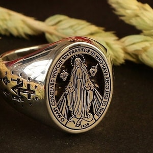 Anillo de consagración mariana, anillo de la Virgen María, anillo de la Virgen María milagrosa de plata de ley, joyería de medalla milagrosa grabada personalizada, Jesús María
