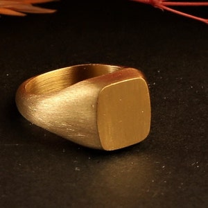 May include: A gold signet ring with a smooth, rectangular top. The ring is made of brushed metal and has a simple, classic design.