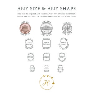 May include: A chart showing different sizes and shapes of jewellery pendants, with measurements in millimetres and inches. The chart includes large round, large cushion, large oval, medium round, medium cushion, medium oval, small round, small cushion, and small oval shapes.