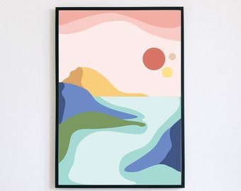 Mountains and Sea, Abstract Wall Art, Printable Minimalist Wall Art, Sunset over the Sea, Island Wall Art, Nursey Wall Art, Celestial