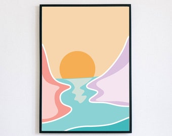 Ocean and Mountains Printable Wall Art, Bohemian Modern, Simplistic and Abstract, Digital Download, Curvy Shapes, Gift for Her